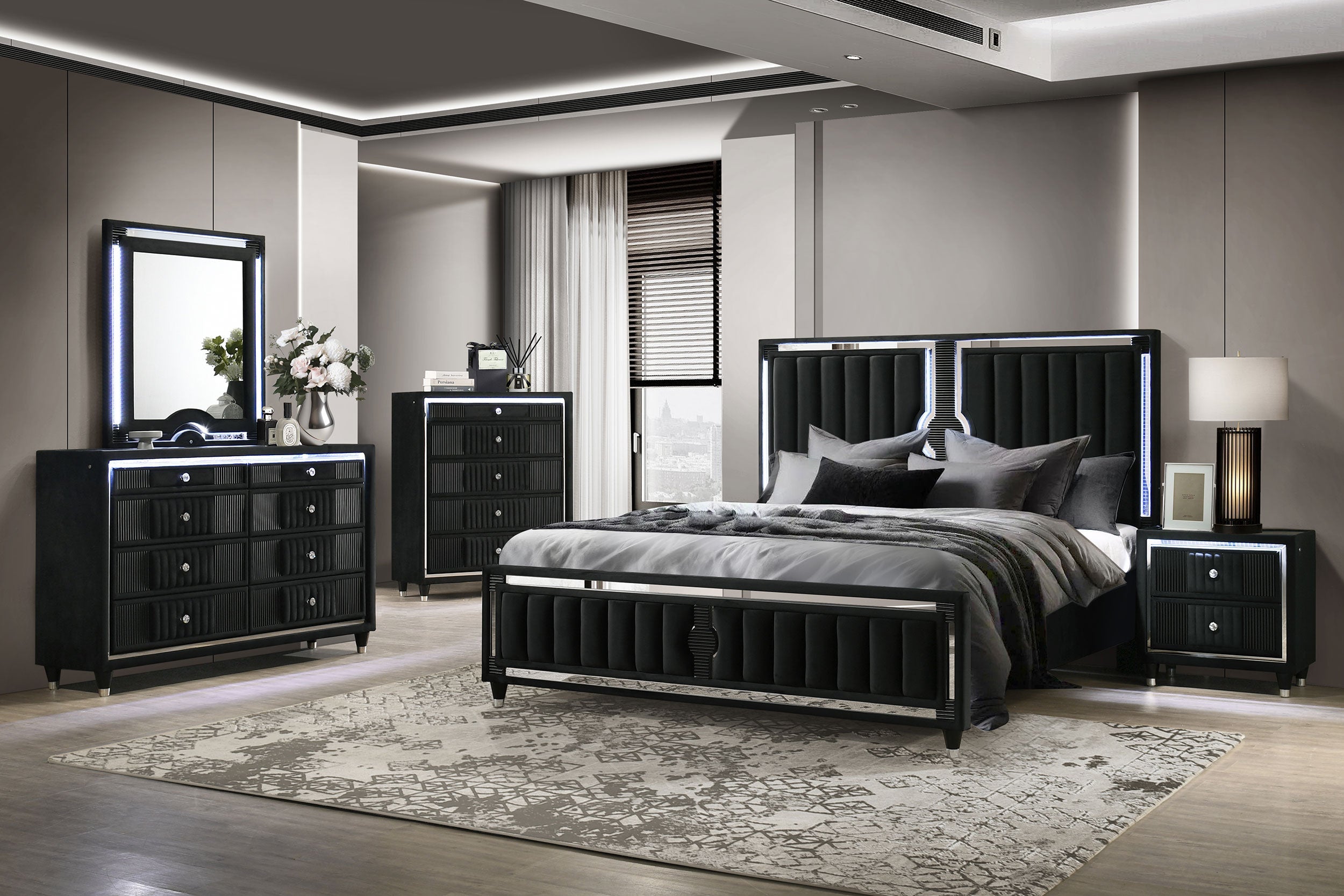 Ravenne Velvet Upholstered Queen LED Panel Bed Black