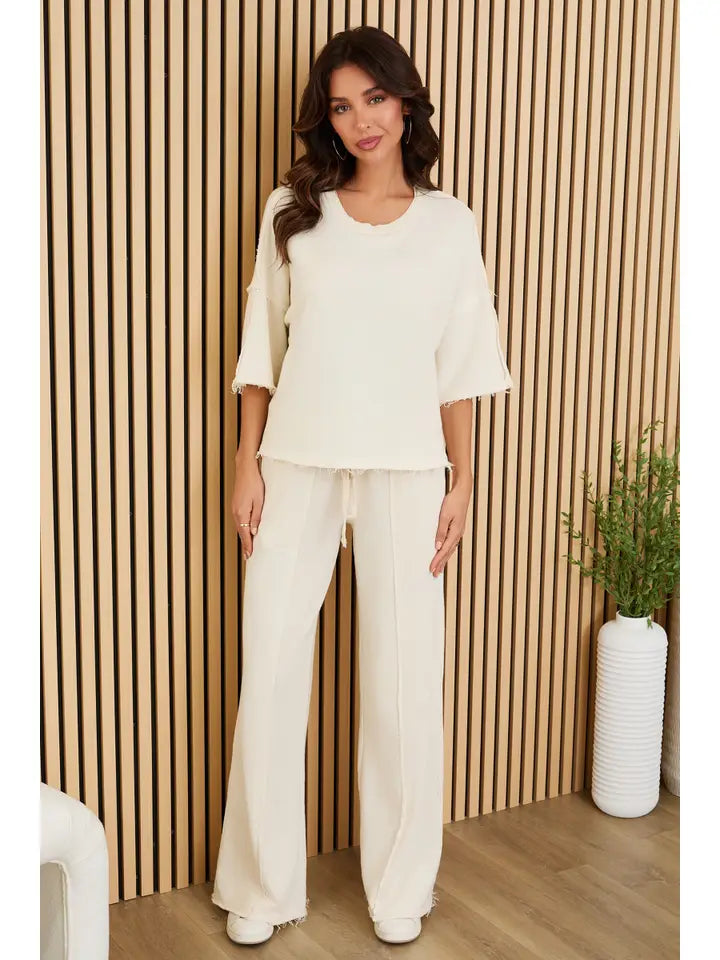 Raw Edge Elastic Waist Pants with Drawcord - Cream