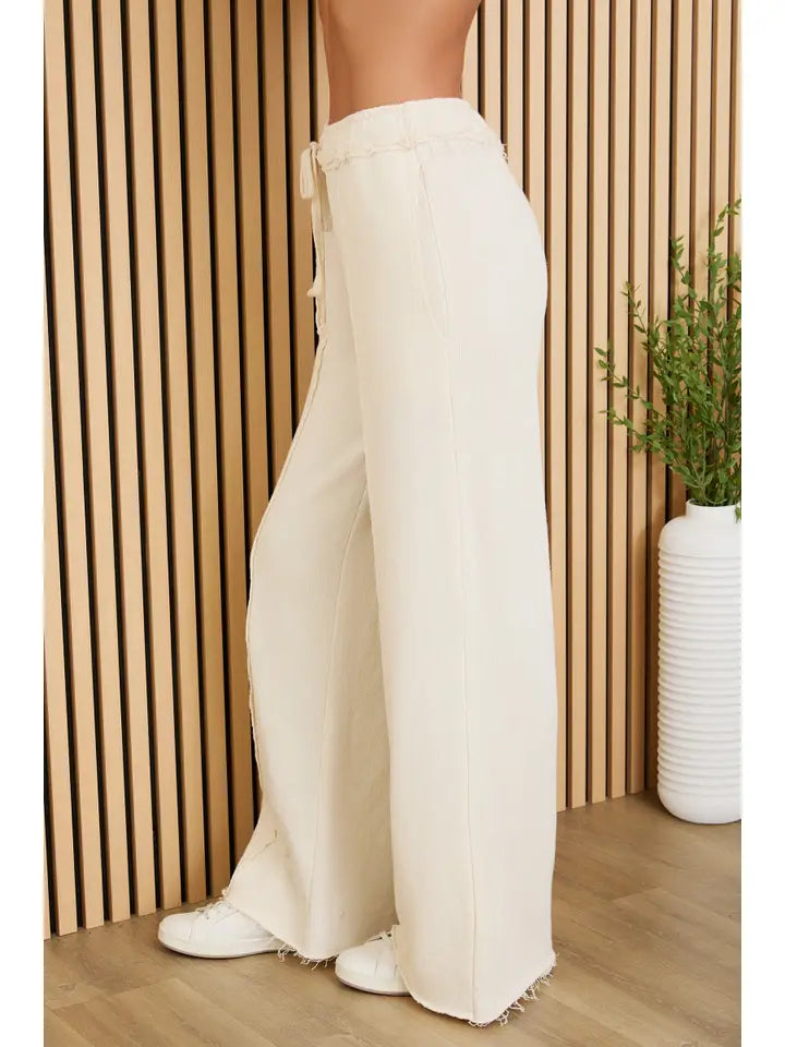Raw Edge Elastic Waist Pants with Drawcord - Cream