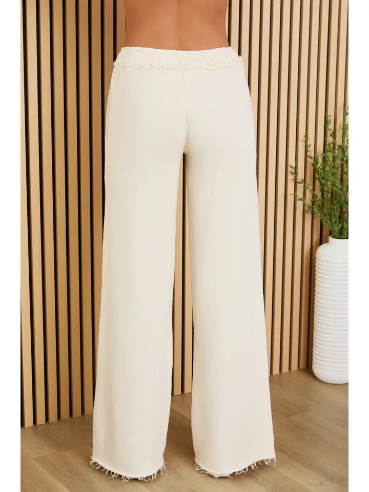 Raw Edge Elastic Waist Pants with Drawcord - Cream