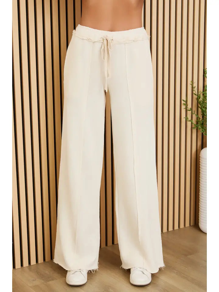 Raw Edge Elastic Waist Pants with Drawcord - Cream