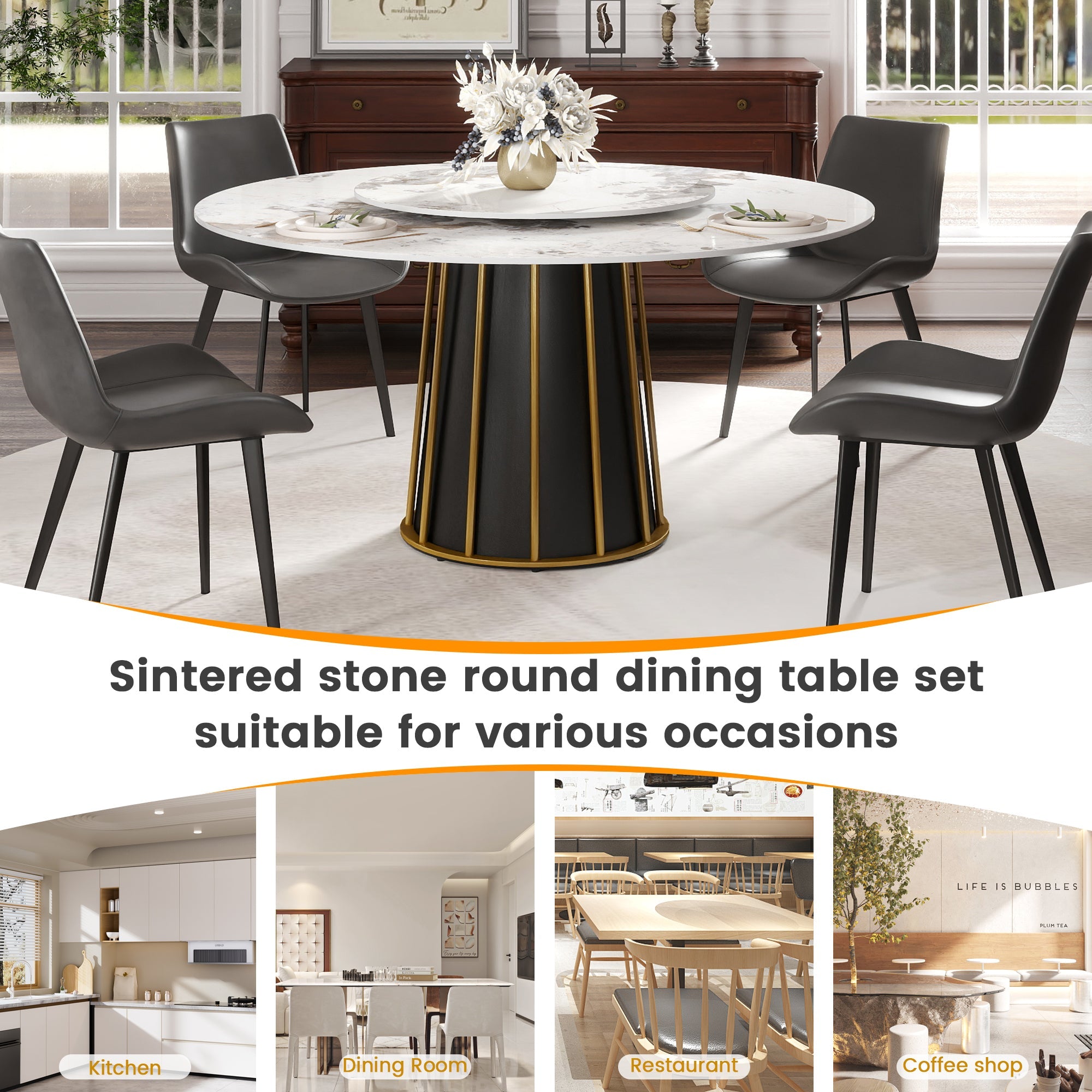 Round Sintered Stone Dining Table with Rotating Lazy Susan