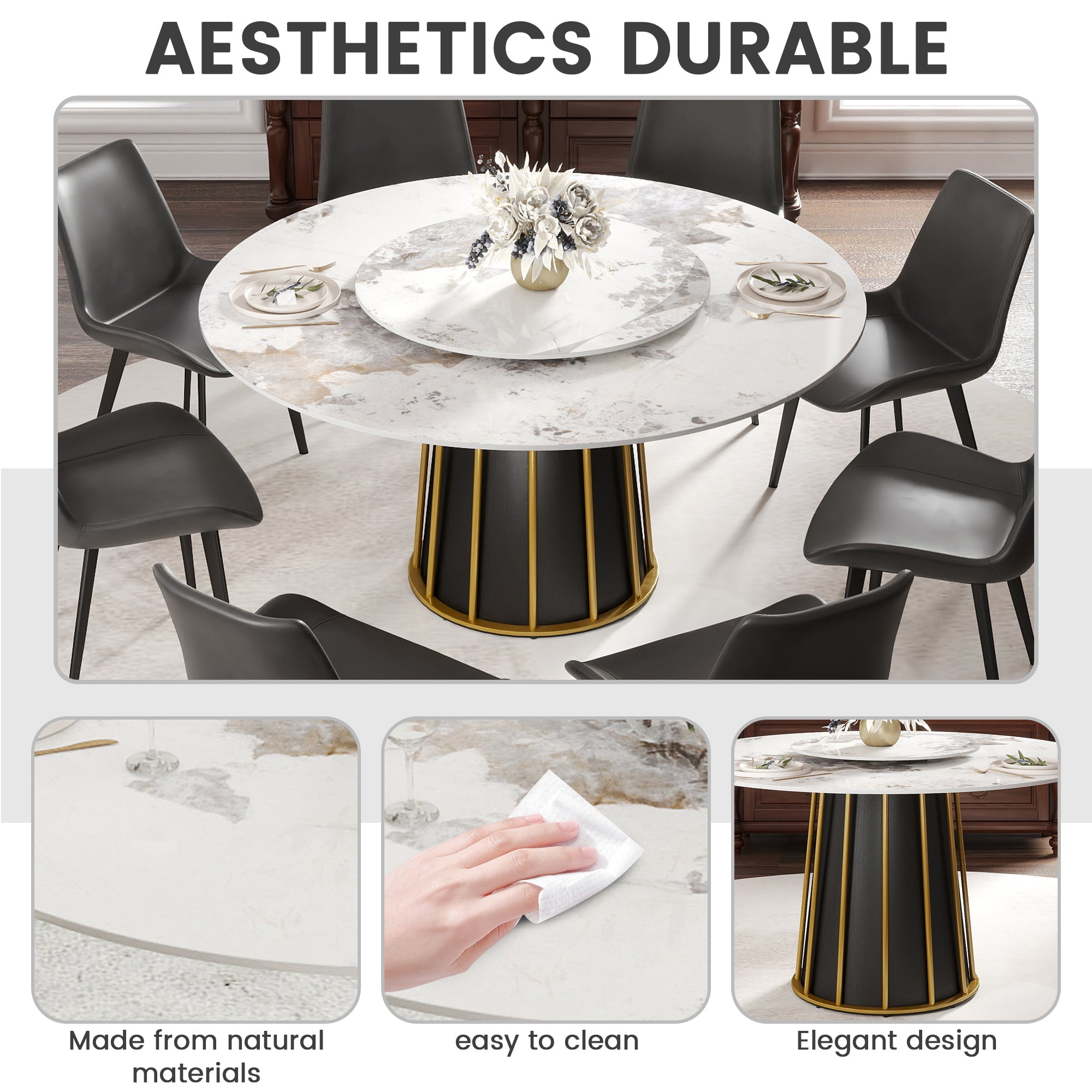 Round Sintered Stone Dining Table with Rotating Lazy Susan