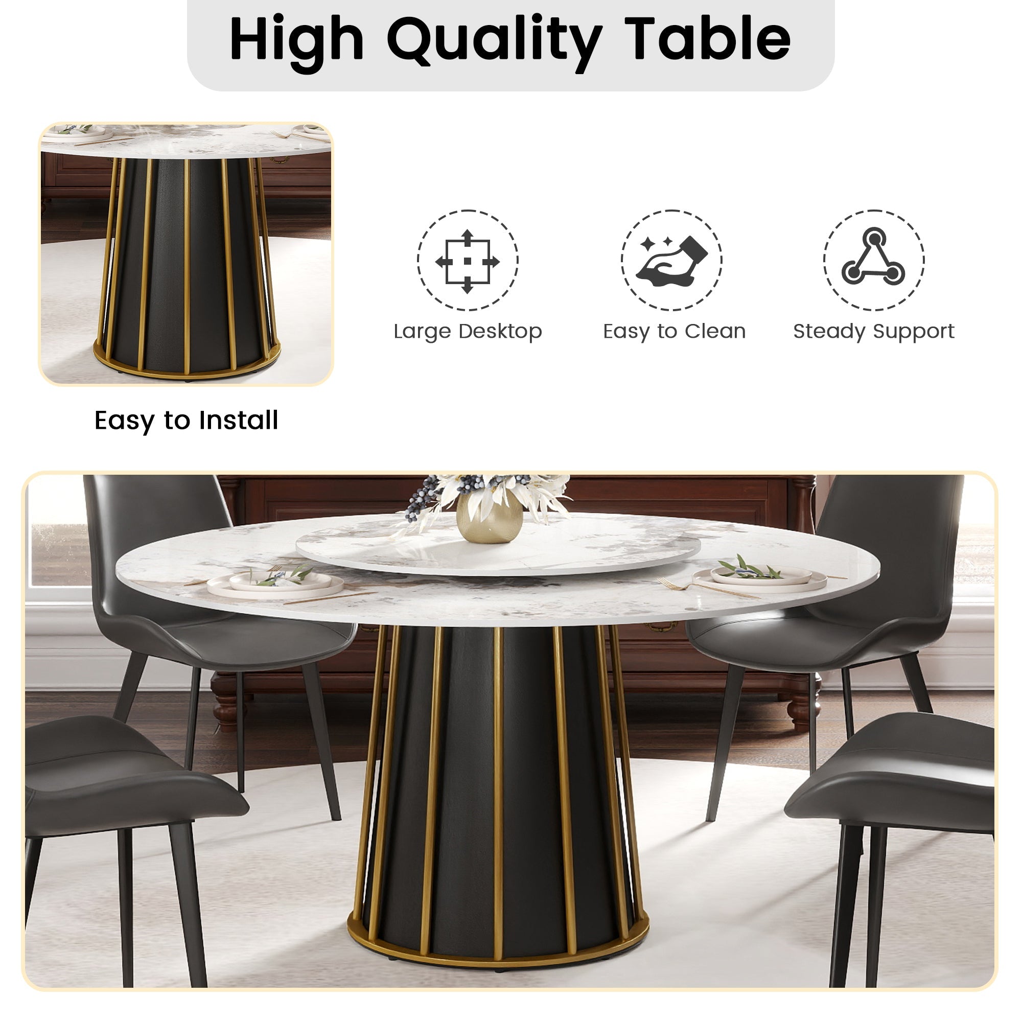 Round Sintered Stone Dining Table with Rotating Lazy Susan