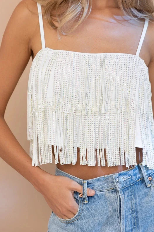 Satin Base Studded Tiered Fringe Cami Top White