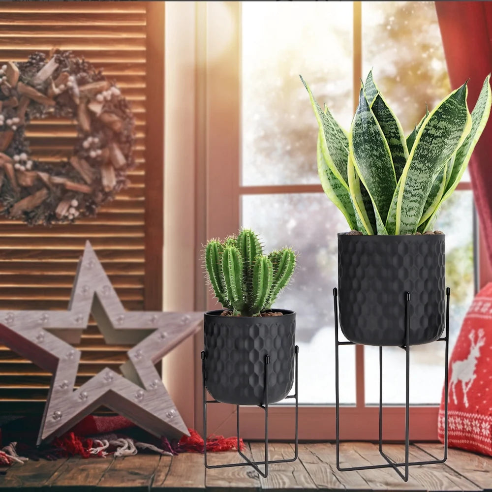 Set of 2 12"&18" H Tall Metal Flower Pot With Stand (Black)