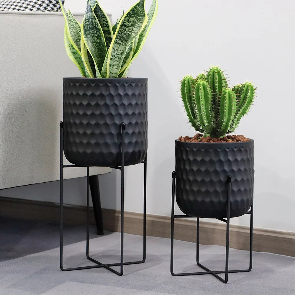 Set of 2 12"&18" H Tall Metal Flower Pot With Stand (Black)