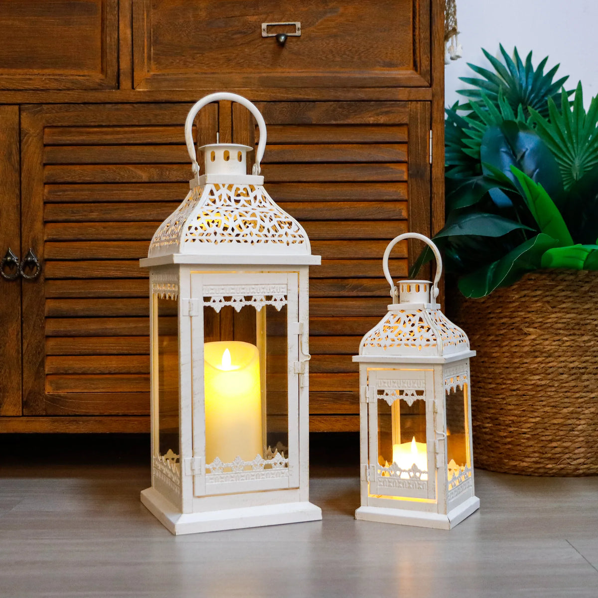 Set of 2 13''&19.5''H Candle Lanterns (Beige Gold Brush)