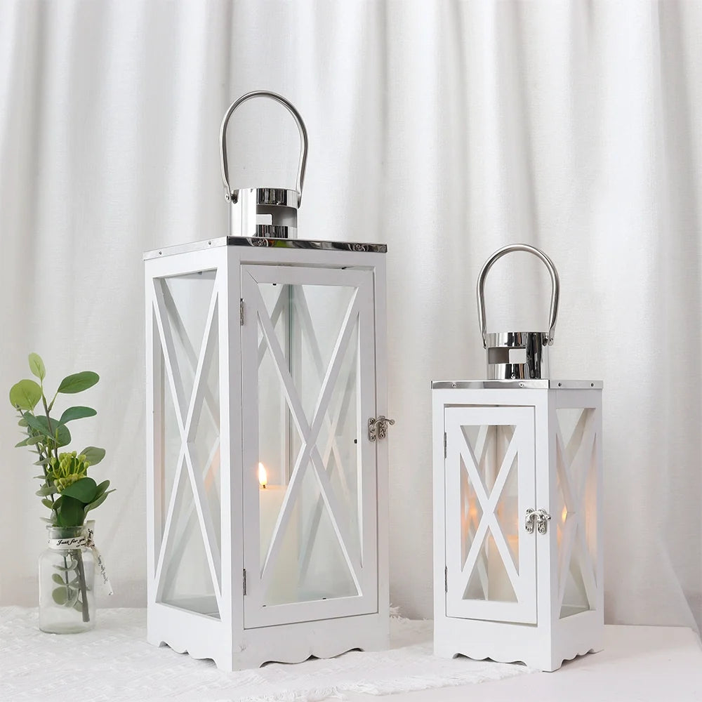 Set of 2 17.5''&24.5'' Farmhouse Wood Lantern (White Rectangle)