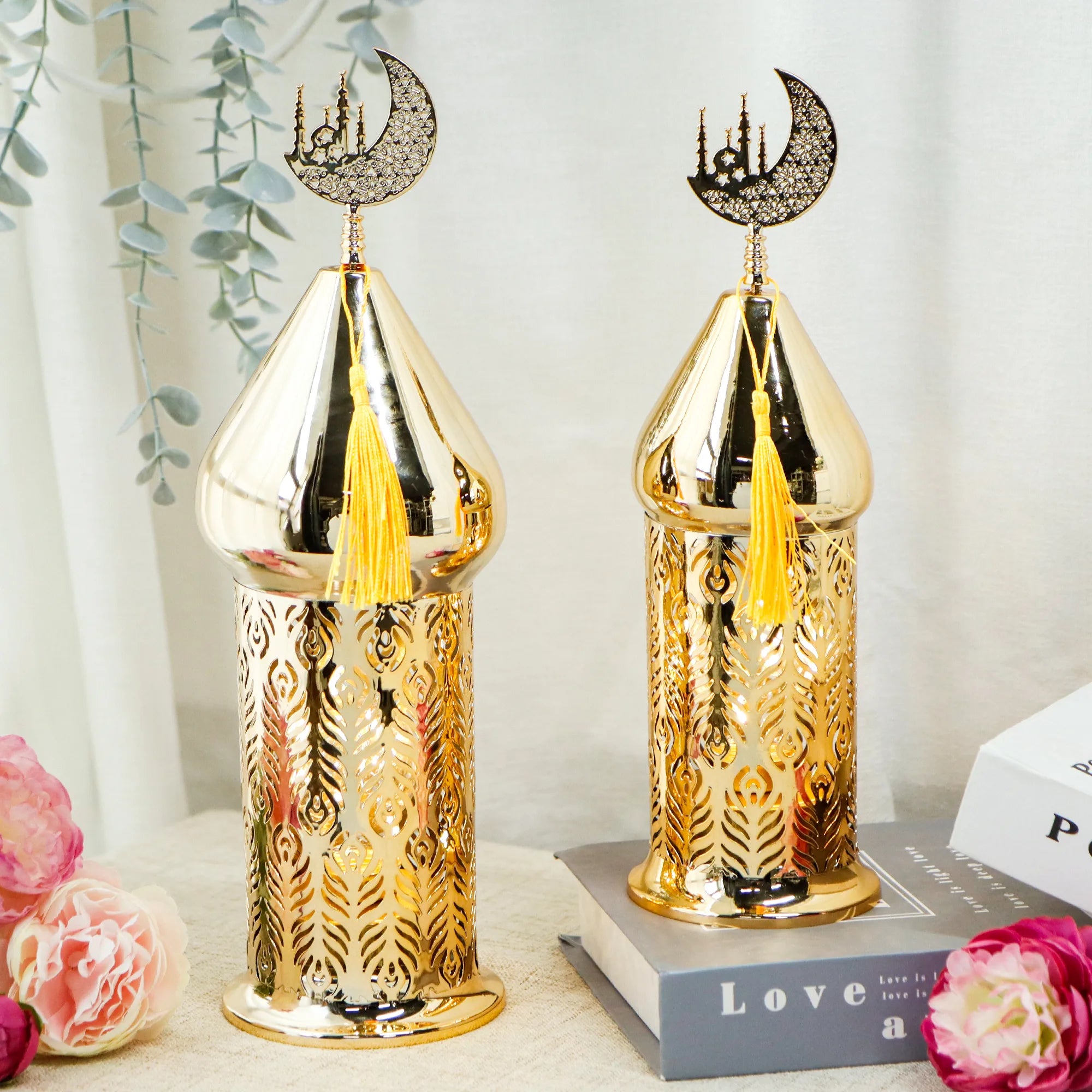Set of 2 Gold Electric Candle Holders Ramadan Lanterns