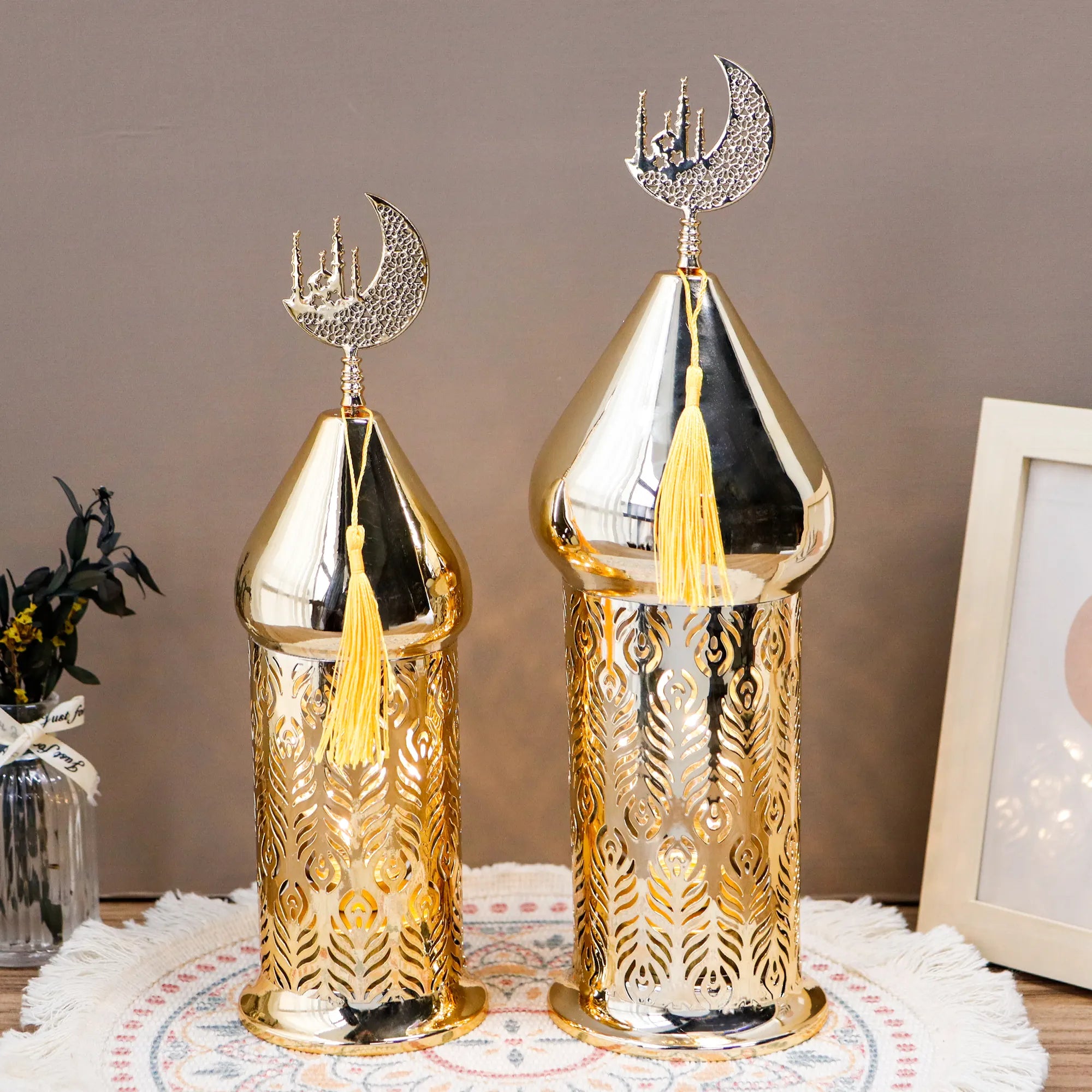 Set of 2 Gold Electric Candle Holders Ramadan Lanterns