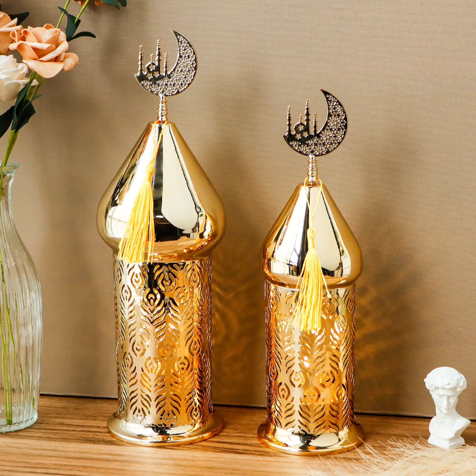 Set of 2 Gold Electric Candle Holders Ramadan Lanterns