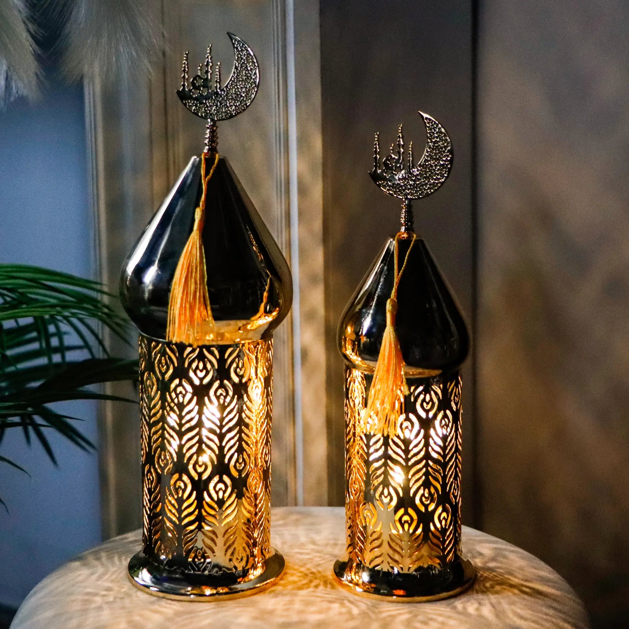 Set of 2 Gold Electric Candle Holders Ramadan Lanterns