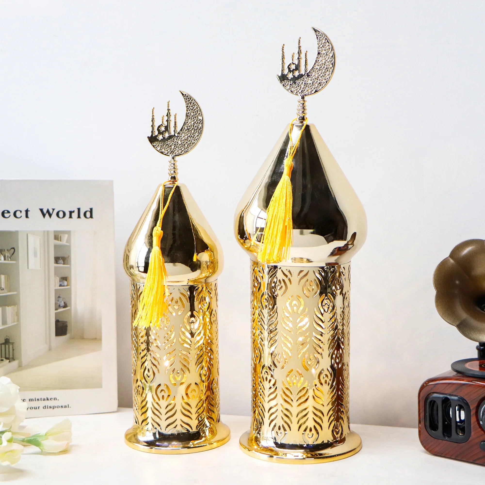 Set of 2 Gold Electric Candle Holders Ramadan Lanterns