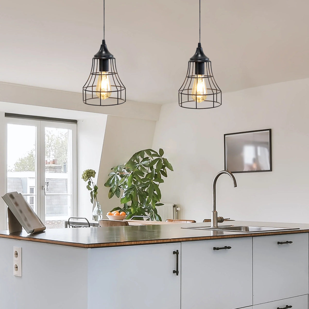 Set of 2 Metal Cage Hanging Lamps