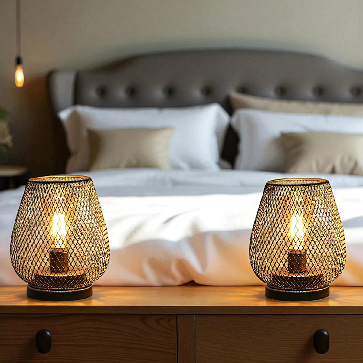 Set of 2 Metal Cage LED Battery Powered Lamp