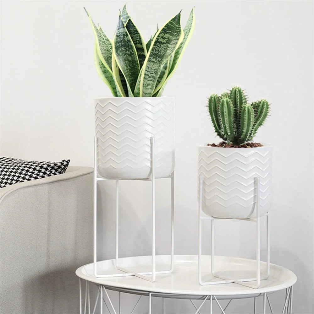 Set of 2 Planters With Stand 17&12 (Bright White)