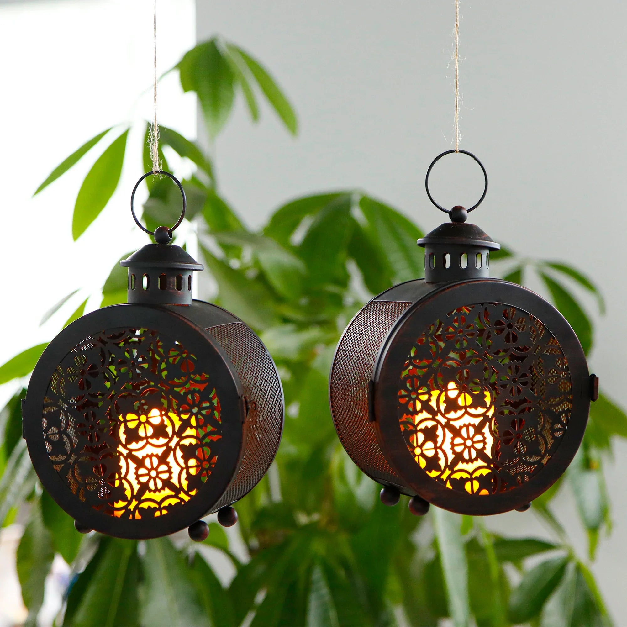 Set of 2 Round Vintage Metal Candle Lanterns 7.5" H