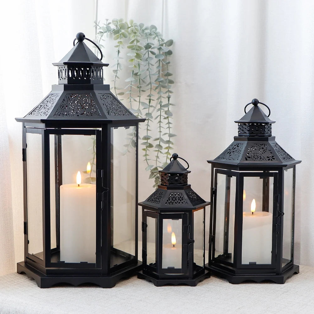 Set of 3 18''&13"&10"High Black Hexagonal Decorative Hanging Lantern