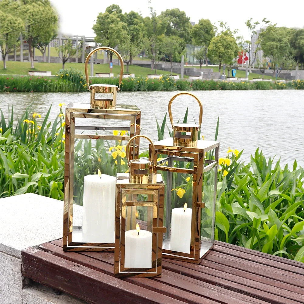 Set of 3 Stainless Steel Lantern  (12/15/19'') -Gold