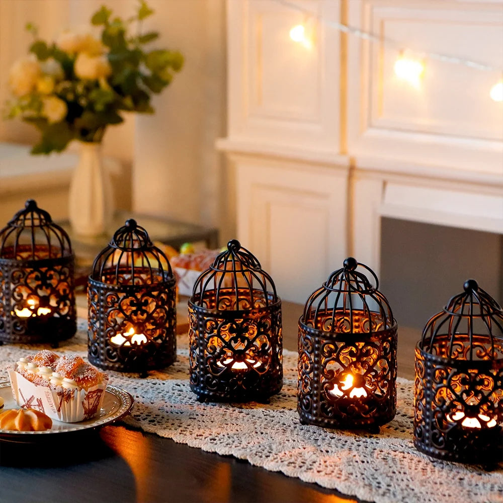 Set of 6 5.5" H Hanging Birdcage Tealight Lantern (Black)