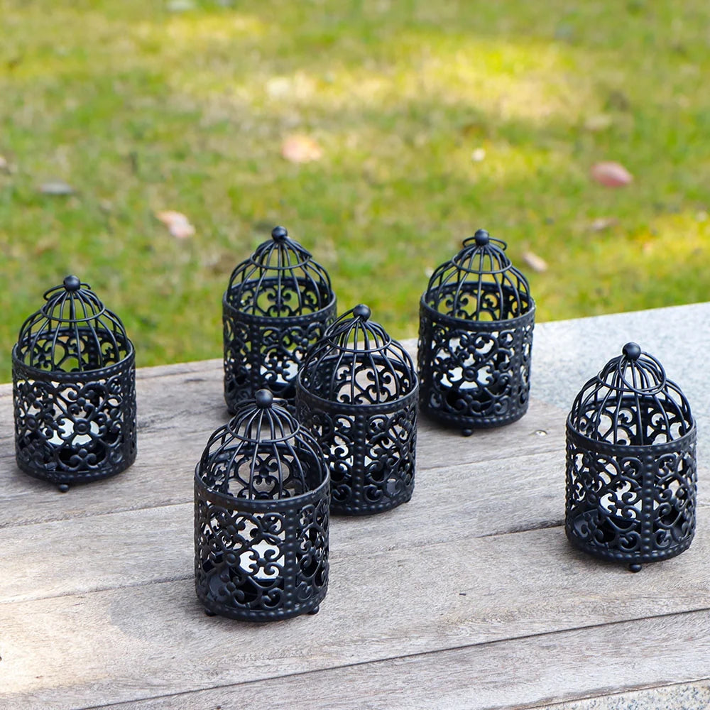 Set of 6 5.5" H Hanging Birdcage Tealight Lantern (Black)