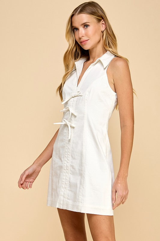 Sleeveless Collared Front Bow Tie Accents Dress