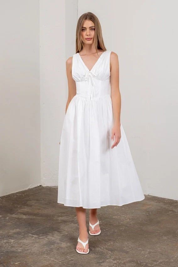 Sleeveless V Neck Corset Midi Dress
