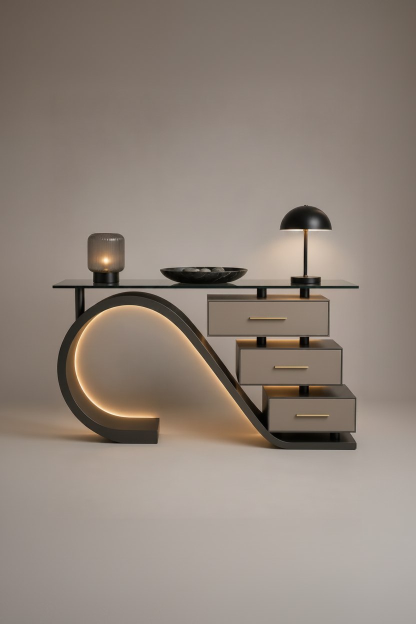 Smart LED Console Table with Sculptural Loop Base & Floating Drawers