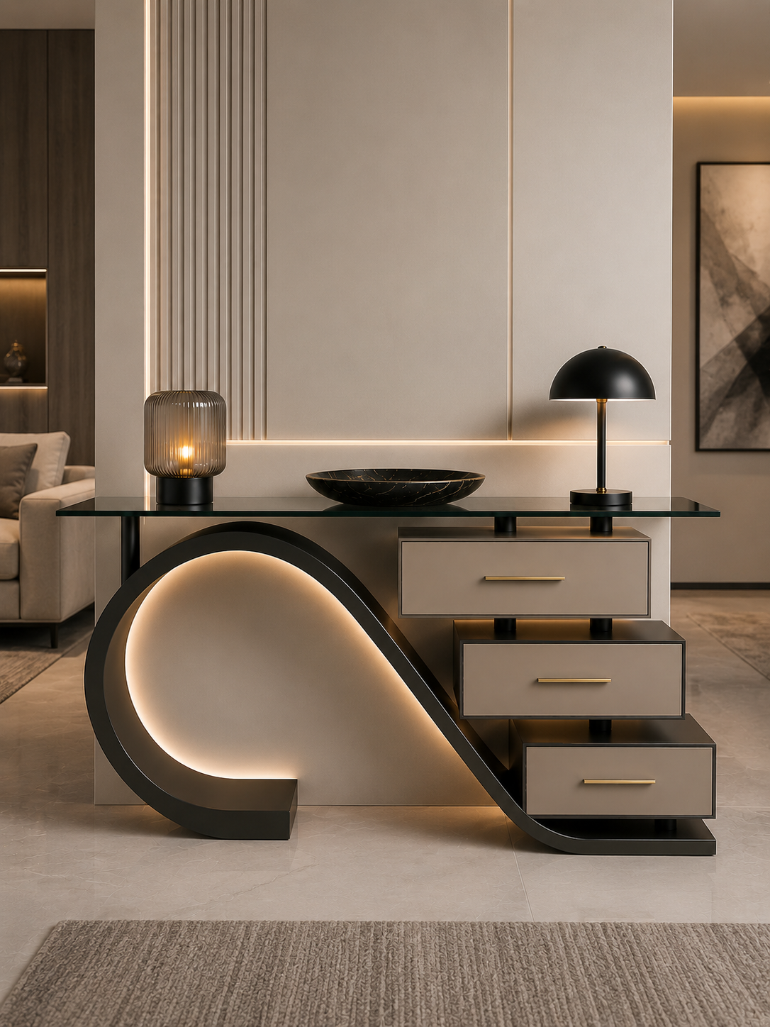 Smart LED Console Table with Sculptural Loop Base & Floating Drawers