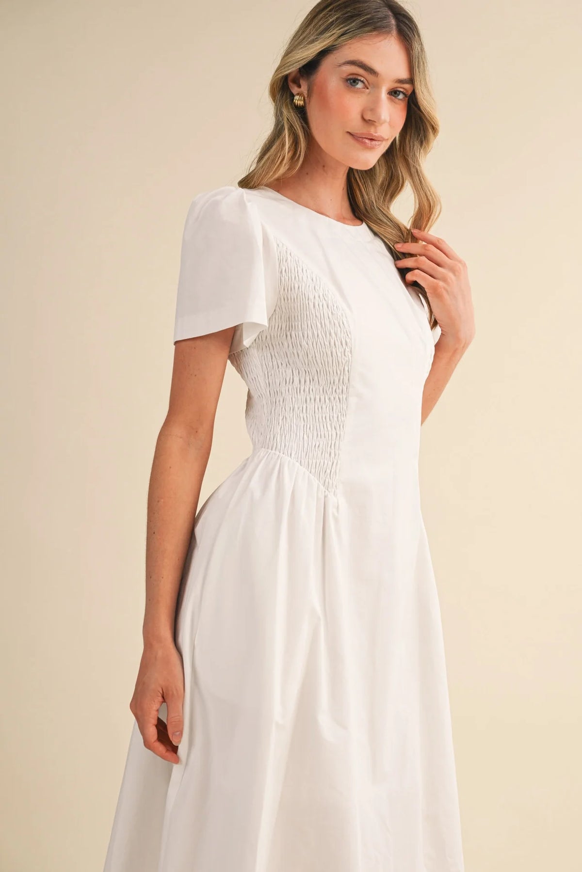 Smocked Midi Dress with Side Detail in Off-White