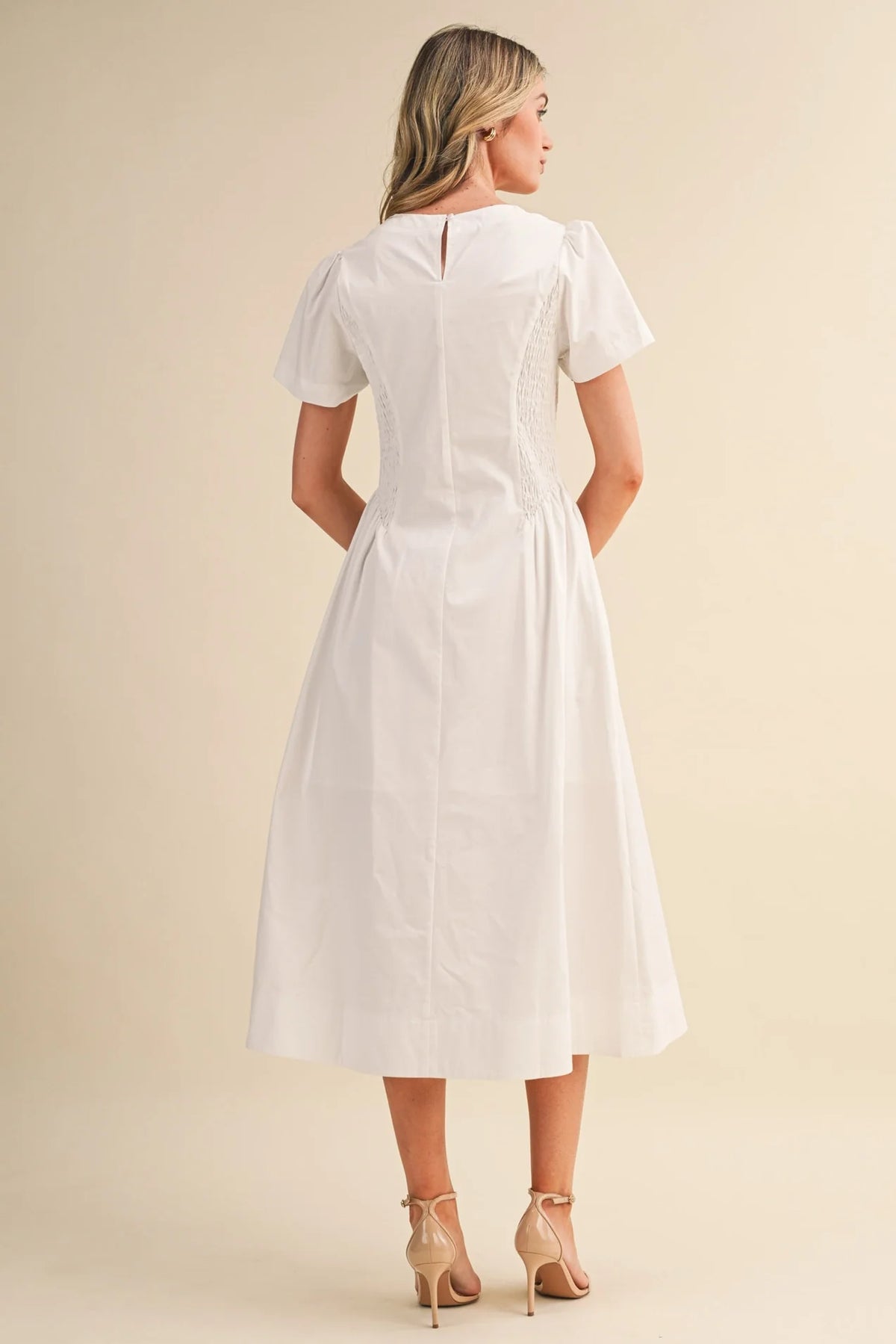 Smocked Midi Dress with Side Detail in Off-White