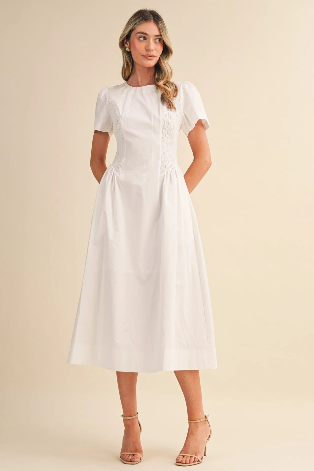 Smocked Midi Dress with Side Detail in Off-White