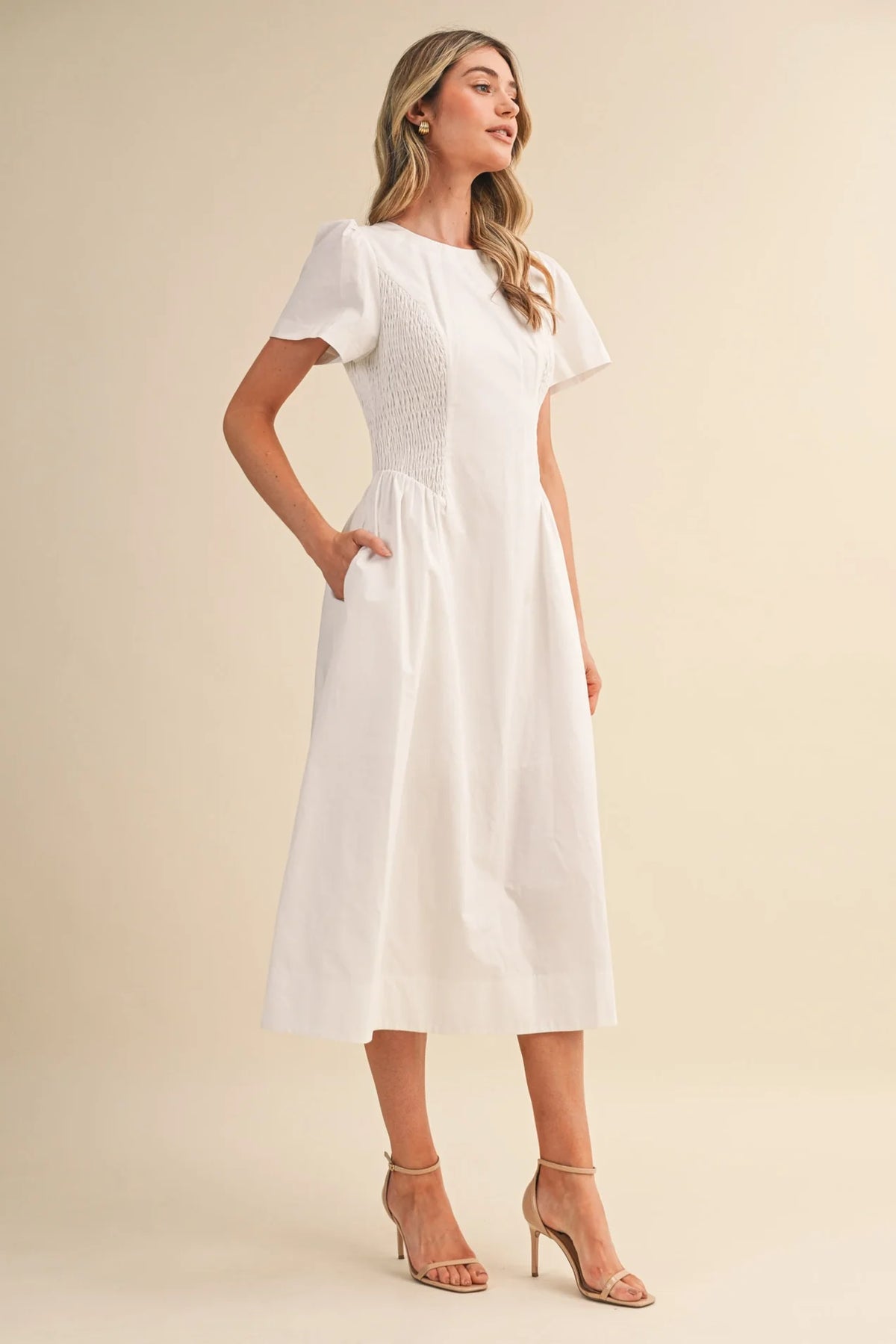 Smocked Midi Dress with Side Detail in Off-White