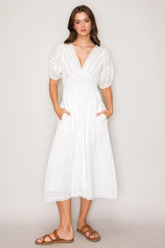 Smocked Waist Dress White