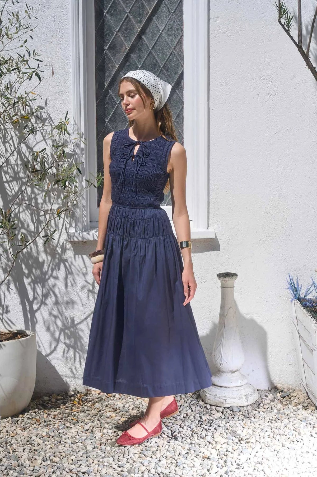 Smocked Waist Sleeveless Midi Dress Navy Shirred Detail