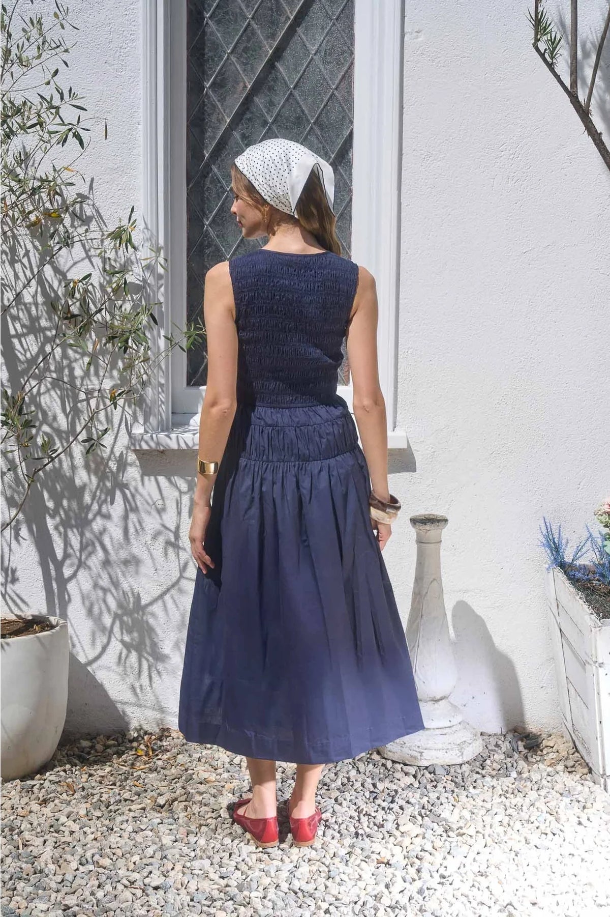 Smocked Waist Sleeveless Midi Dress Navy Shirred Detail