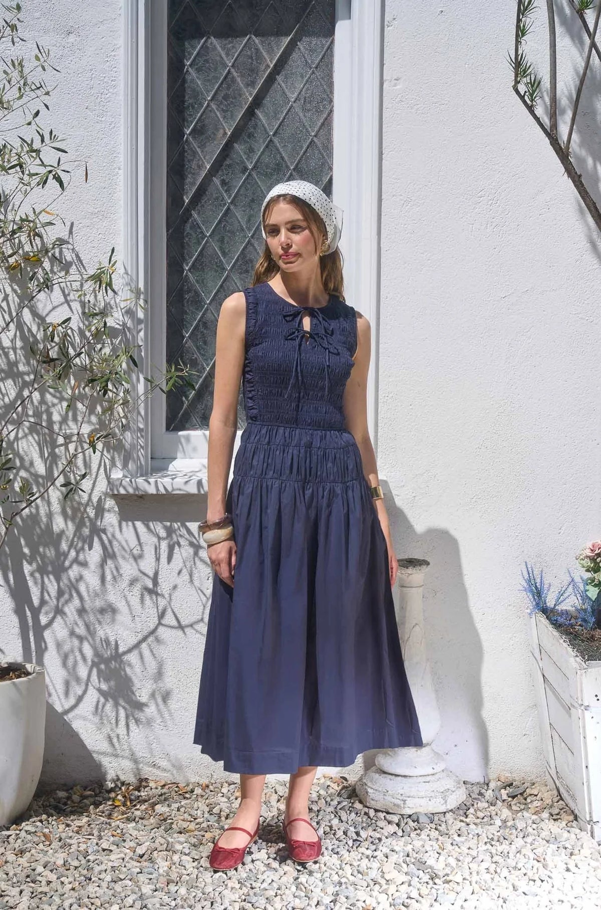 Smocked Waist Sleeveless Midi Dress Navy Shirred Detail