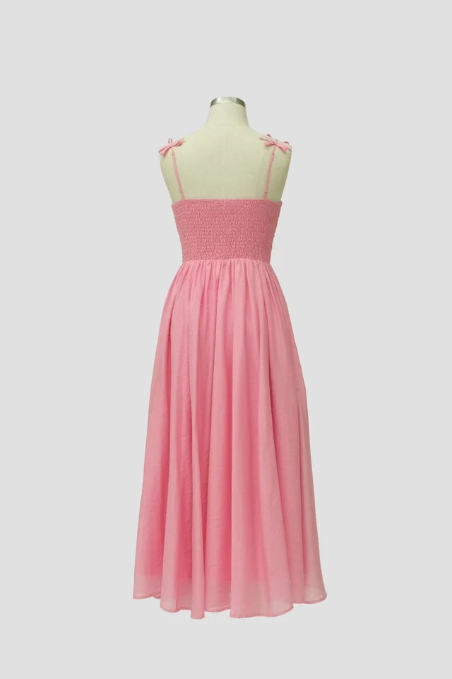 Strap Bow Detail Pleated Midi Dress PINK