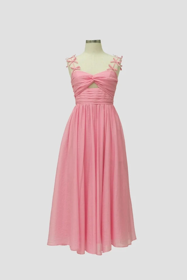 Strap Bow Detail Pleated Midi Dress PINK