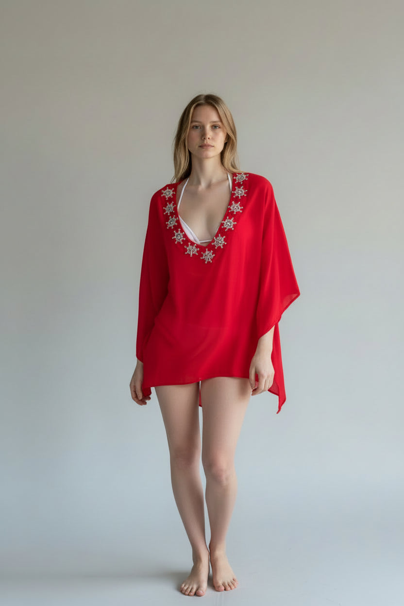 The Embellished Deep V Coverup Red BMS071-9188