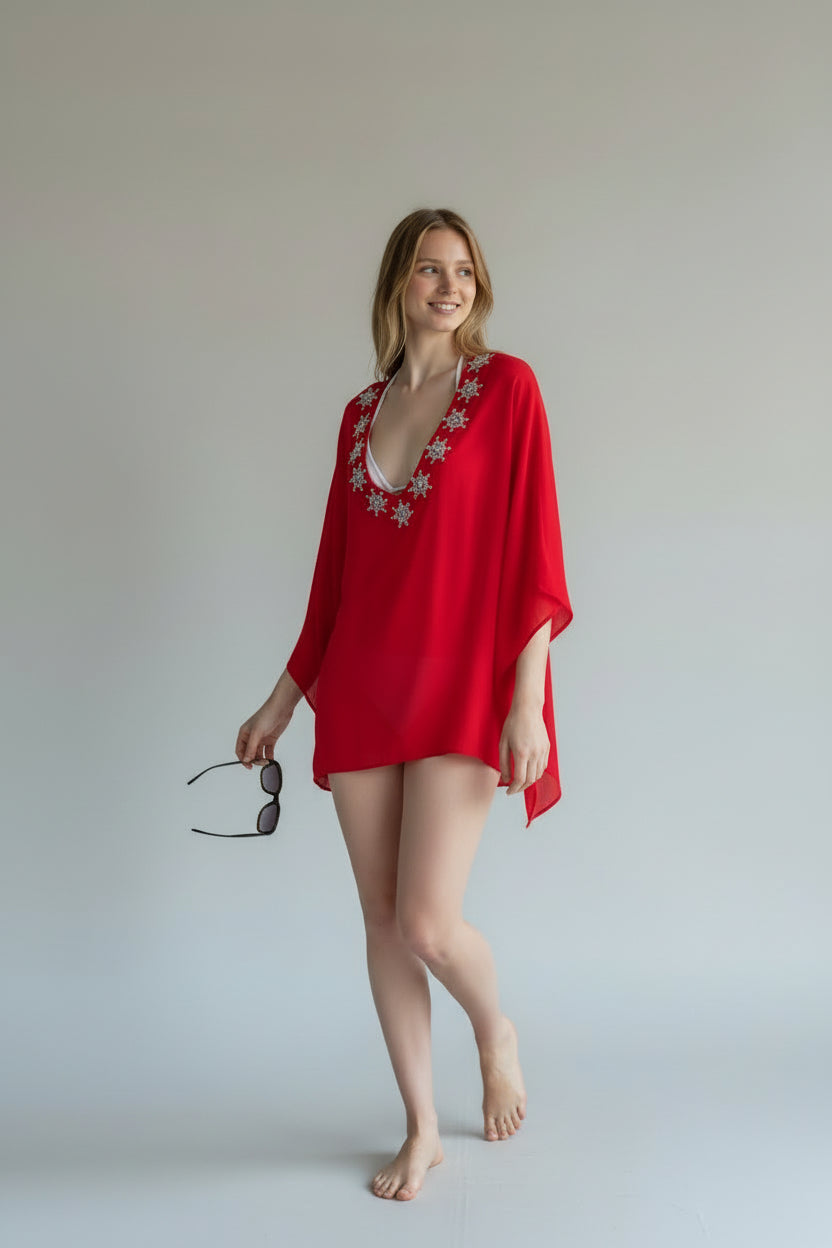 The Embellished Deep V Coverup Red BMS071-9188