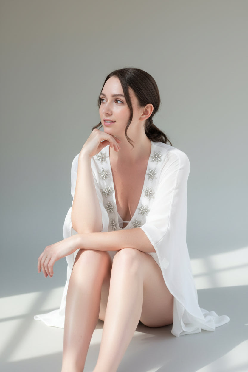 The Embellished Deep V Coverup White BMS071-9188
