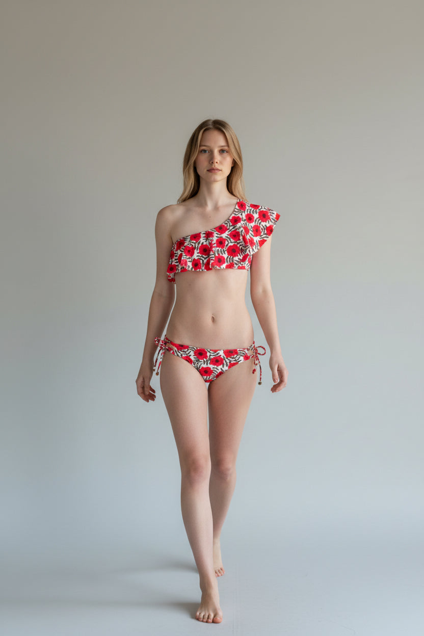 The Ruffle One-Shoulder Bikini Red Print BMS062-4188