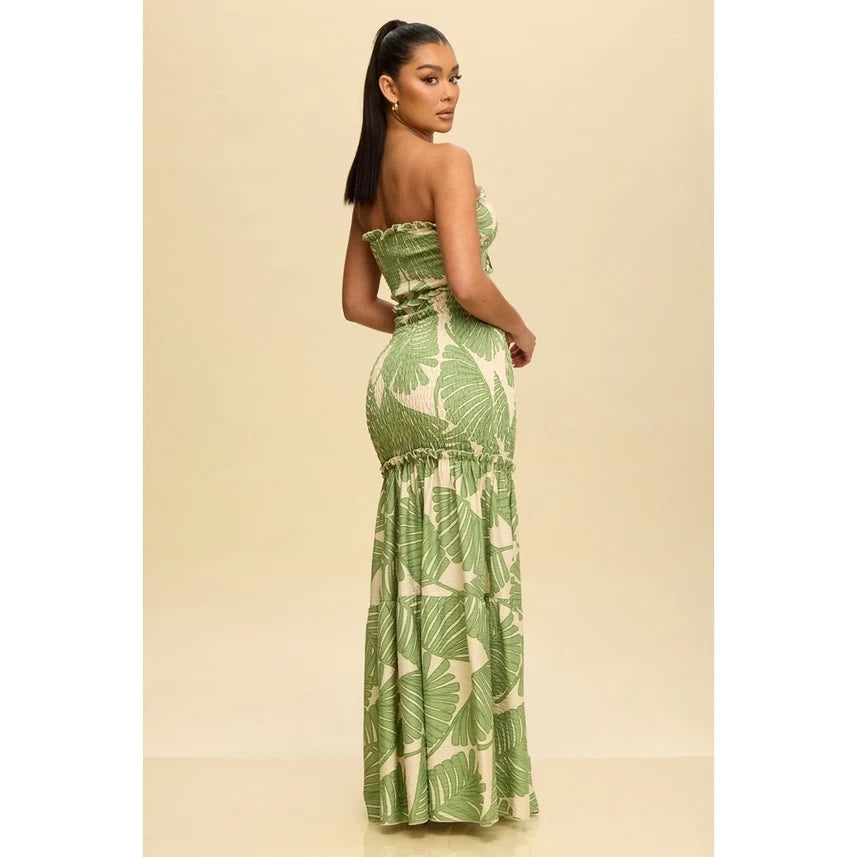 Tropical Leaves Katia Scrunch Maxi Dress GREEN