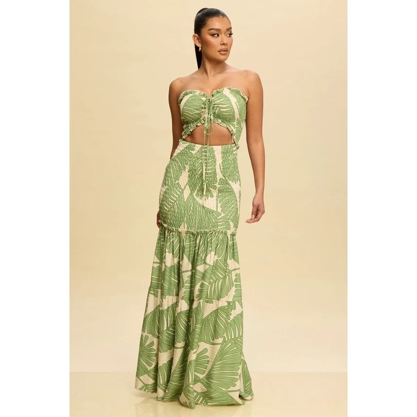 Tropical Leaves Katia Scrunch Maxi Dress GREEN