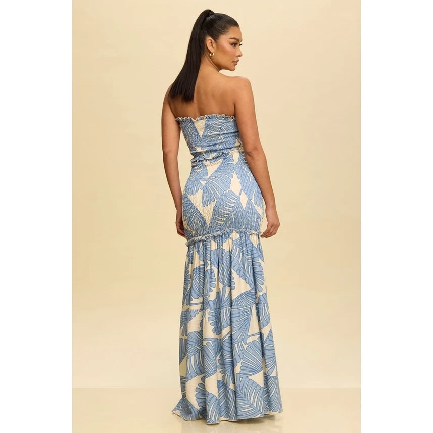 Tropical Leaves Katia Scrunch Maxi Dress LT BLUE