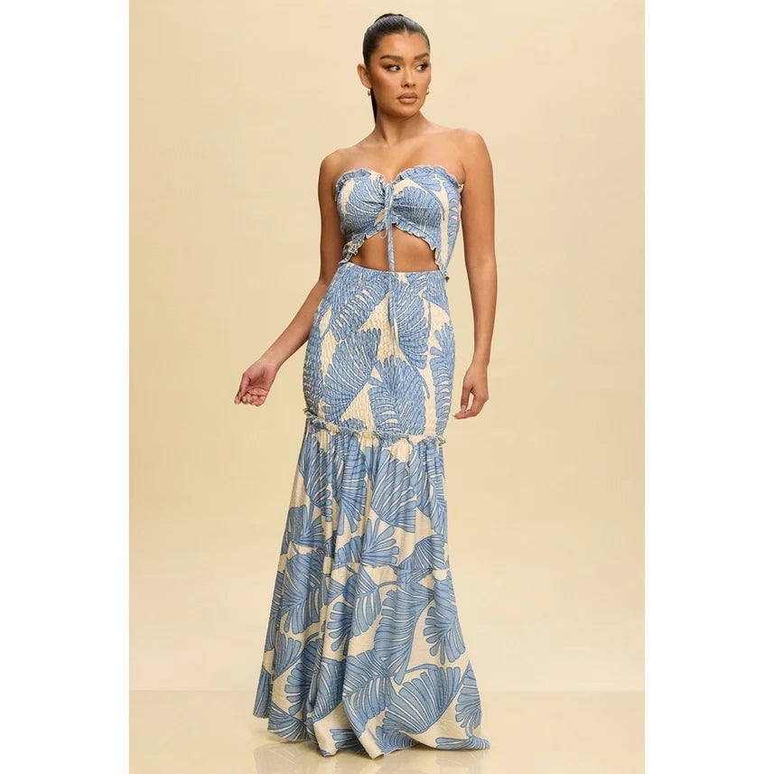 Tropical Leaves Katia Scrunch Maxi Dress LT BLUE