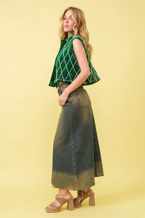 Velvet Quilted Rhinestone Embellished Crop Vest - Green