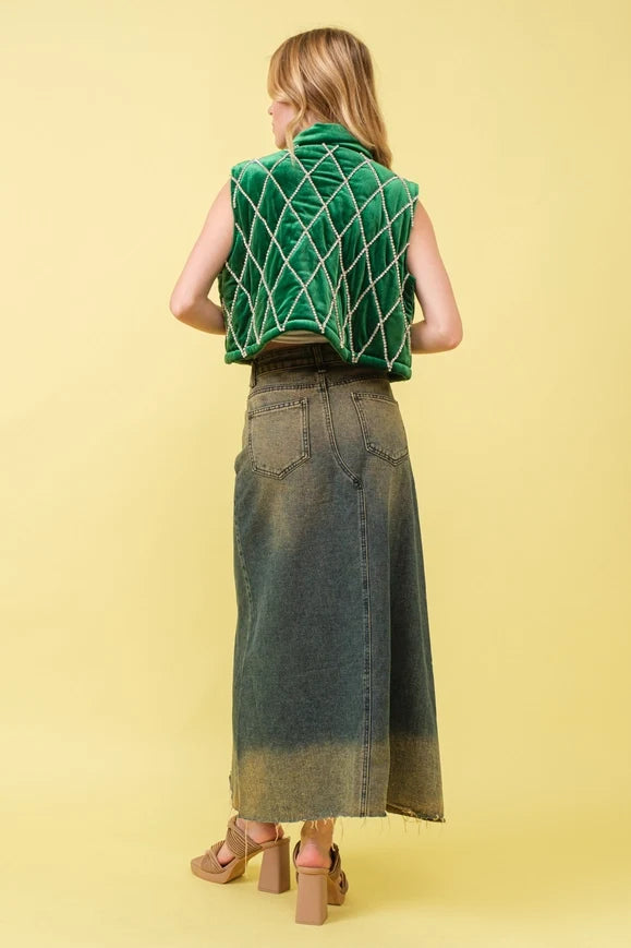 Velvet Quilted Rhinestone Embellished Crop Vest - Green